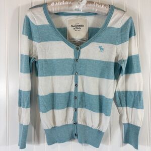 Vintage Abercrombie & Fitch Womens Cardigan Blue Striped Size L Y2K Logo Preppy